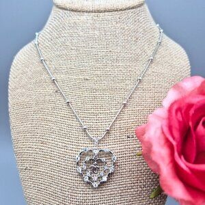 Cute Silver Tone Double Heart Crystal Pendant Necklace 18.5" Saturn Chain MINT